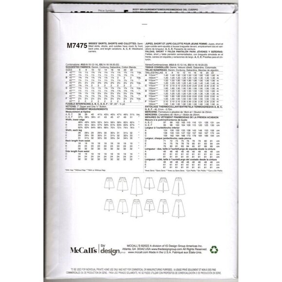 McCall's M7475 Misses 6 to 14 Skirts, Shorts and Culottes Uncut Sewing Pattern - Picture 2 of 2